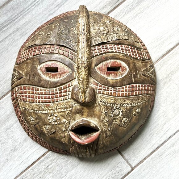 Hand Carved African Wood Mask Wall Art - Picture 1 of 9